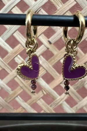 Oorringen 'Hartje paars' - Goud/paars