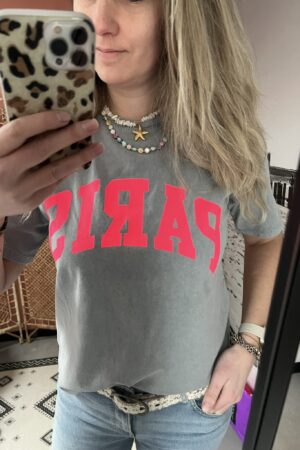T-shirt 'Paris' - Licht grijs/Roze