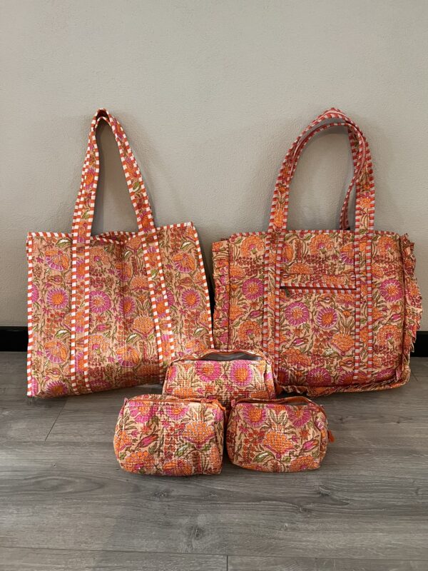 Quilt shopper bag MET RUFFLE - Oranje/Roze bloem - Afbeelding 3
