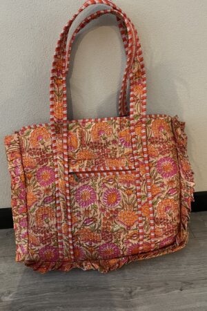 Quilt shopper bag MET RUFFLE - Oranje/Roze bloem