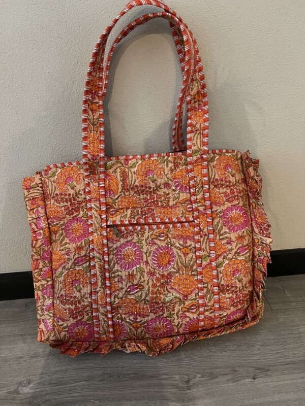 Quilt shopper bag MET RUFFLE - Oranje/Roze bloem