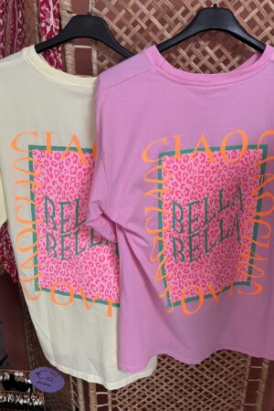 T-shirt 'Ciao Bella' - Geel en Roze