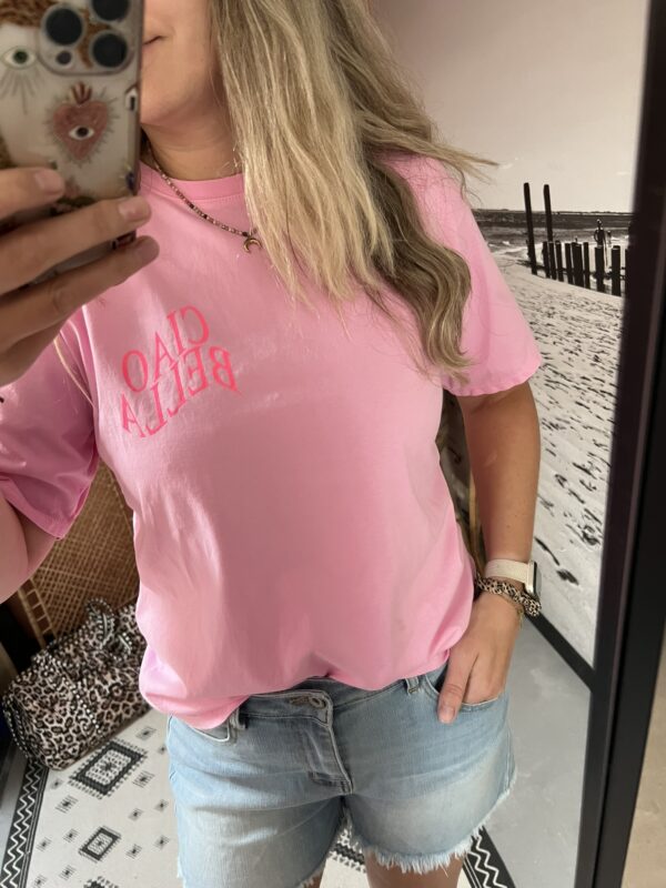 T-shirt 'Ciao Bella' - Geel en Roze - Afbeelding 2
