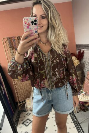 Blouse 'Flower' - Bruin Multicolour (lange mouw)