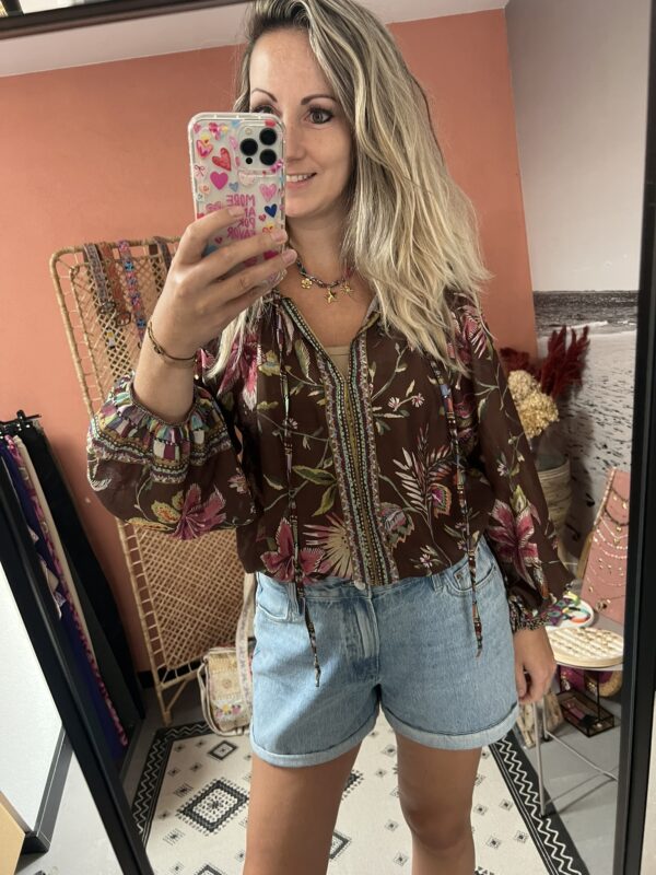 Blouse 'Flower' - Bruin Multicolour (lange mouw)