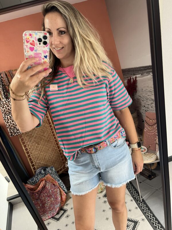 T-shirt 'Streep' - Turquoise/Roze - Afbeelding 3
