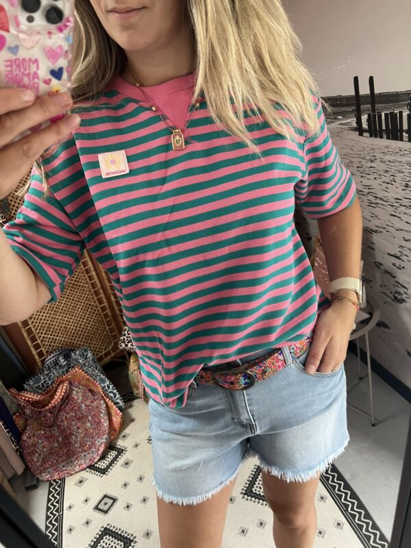 T-shirt 'Streep' - Turquoise/Roze - Afbeelding 2