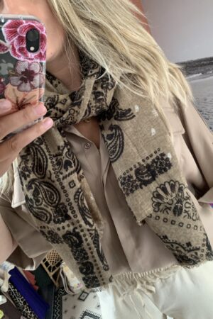 Sjaal 'Bandana print' - Taupe/Zwart/Beige