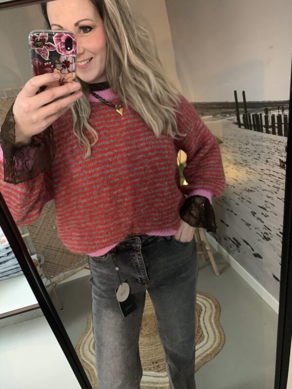 Streep trui - Bordeaux rood/Bruin/Roze