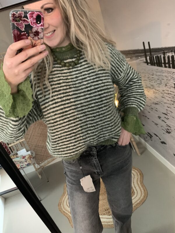 Streep trui - Olijfgroen/Beige