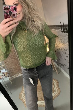 Kantentop met trompetmouwtje - Olijfgroen