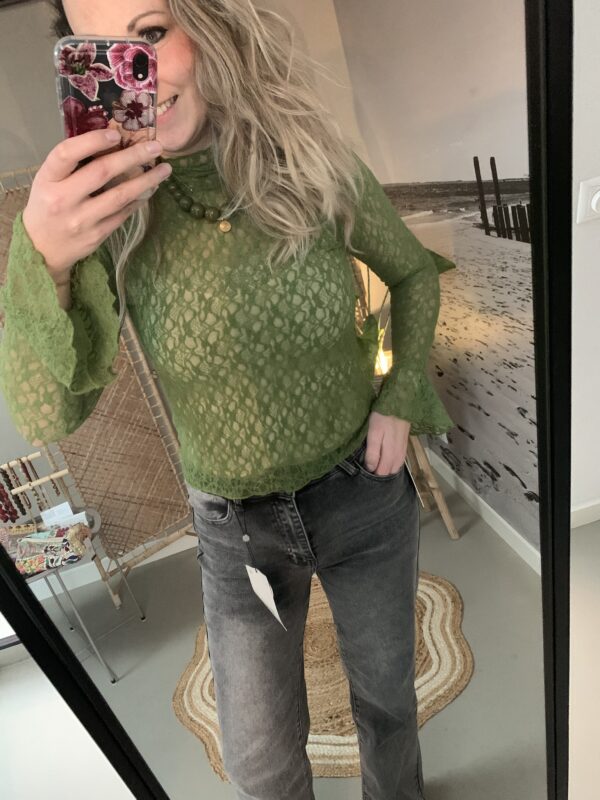 Kantentop met trompetmouwtje - Olijfgroen