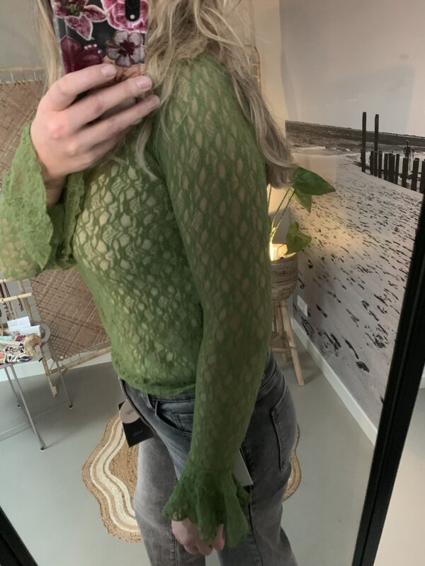 Kantentop met trompetmouwtje - Olijfgroen