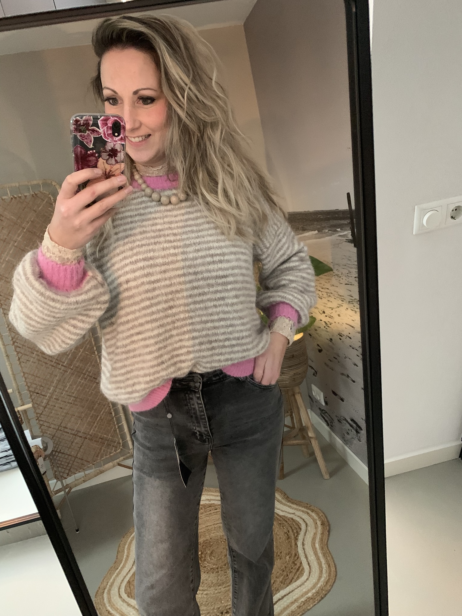 Streep trui - Lichtbruin/Taupe/Beige/Roze - Afbeelding 2