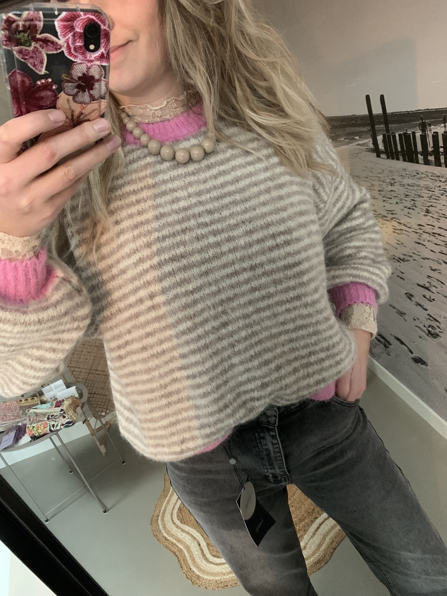 Streep trui - Lichtbruin/Taupe/Beige/Roze