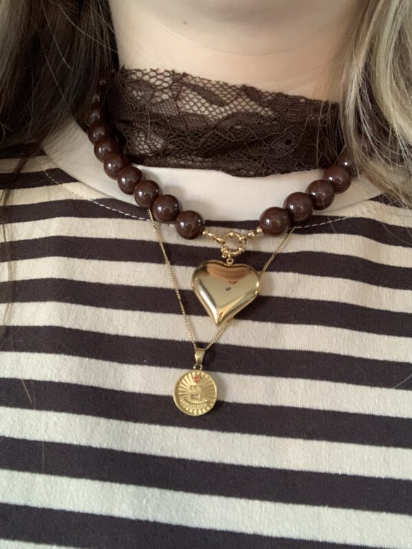 Ketting ronde kralen met hartje - Bordeaux/Rood