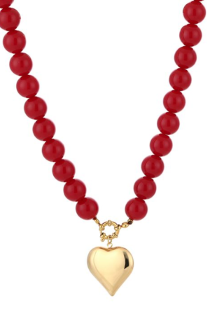 Ketting ronde kralen met hartje - Bordeaux/Rood