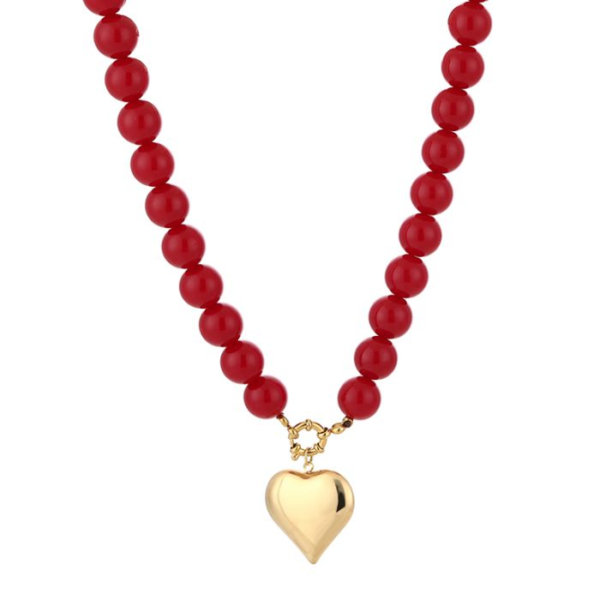 Ketting ronde kralen met hartje - Bordeaux/Rood