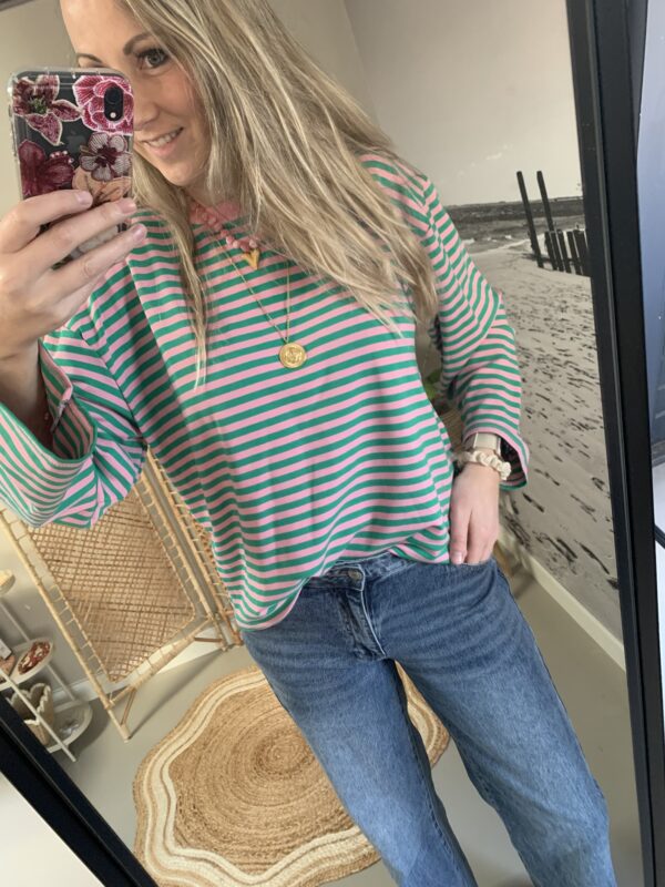 Streep Longsleeve - Groen/Licht Roze