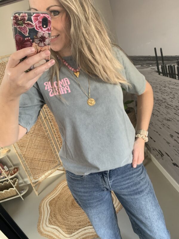 T-shirt 'Amour Paris' - Geel/Grijs/Antraciet