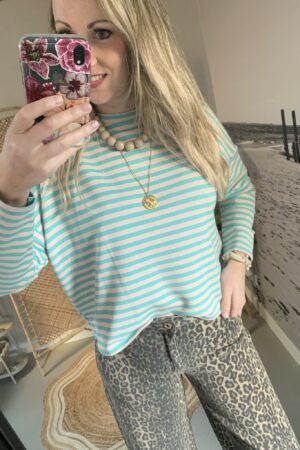 Streep Longsleeve - Blauw/Licht roze