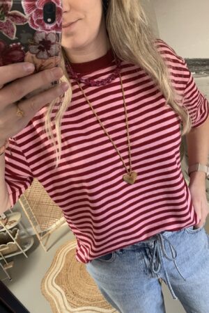 Streep t-shirt/shortsleeve - Bordeaux/Roze