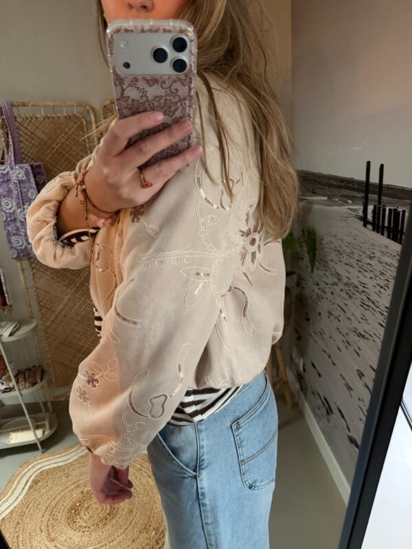 Geborduurd jasje 'Flower' - Beige met gouden pailletjes