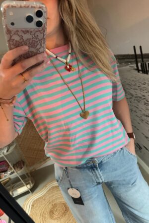 Streep t-shirt/shortsleeve - Mint/Roze