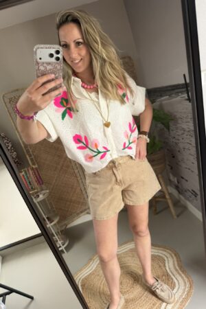 Blouse broderie Flower - Wit/Roze/Multicolour