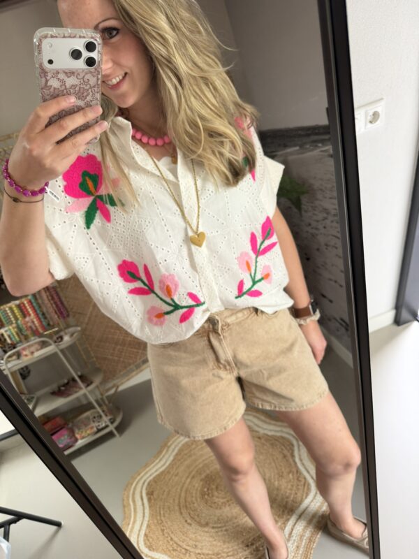 Blouse broderie Flower - Wit/Roze/Multicolour