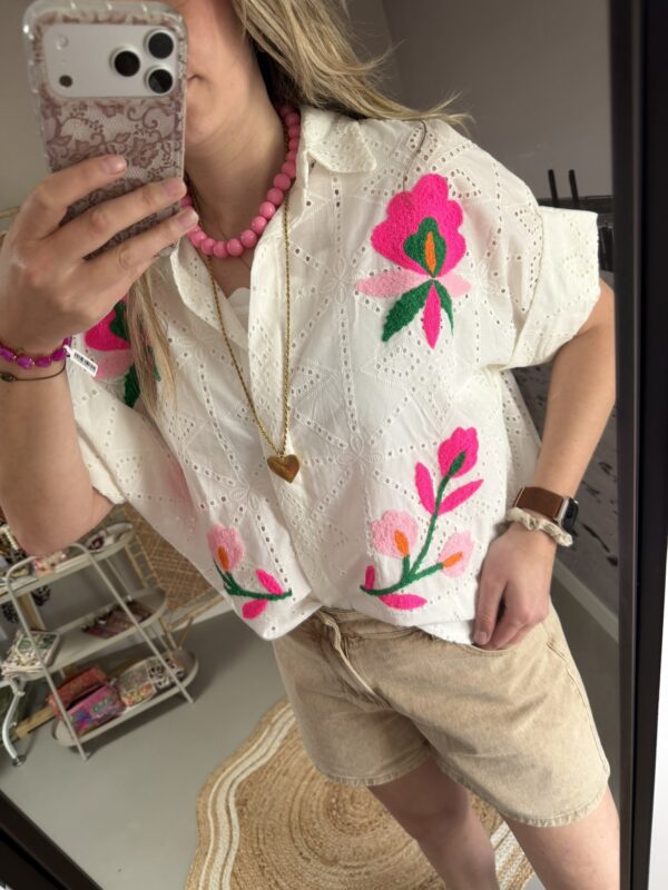 Blouse broderie Flower - Wit/Roze/Multicolour