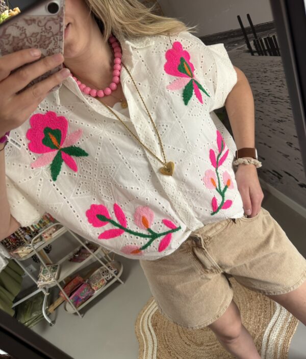 Blouse broderie Flower - Wit/Roze/Multicolour