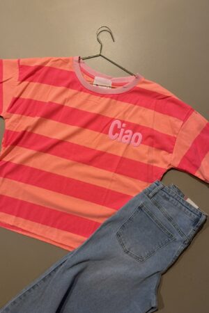 T-shirt streep 'Ciao' - Rood/Roze/Oranje