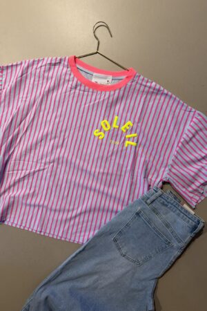 T-shirt streep 'Club Soleil' - Blauw/Paars/Geel