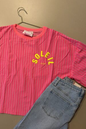 T-shirt streep 'Club Soleil - Roze/Geel verticaal
