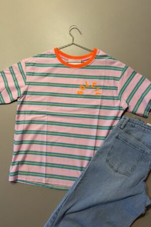 T-shirt streep 'Club Soleil' - Roze/Groen/Oranje
