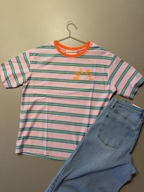 T-shirt streep 'Club Soleil' - Roze/Groen/Oranje