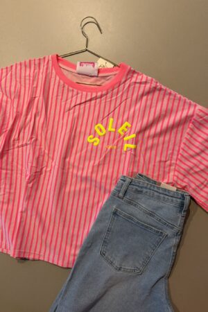 T-shirt streep 'Club Soleil' - Roze/Licht roze verticaal