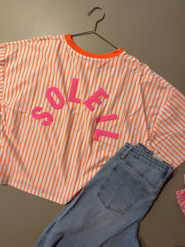 T-shirt streep 'Club Soleil' - Wit/Oranje verticaal