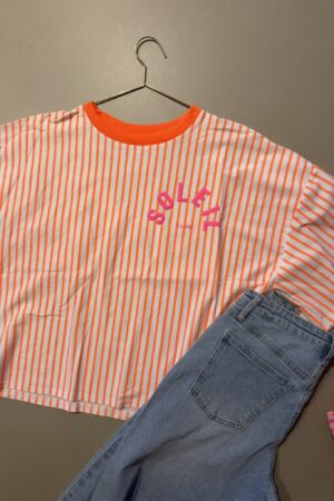 T-shirt streep 'Club Soleil' - Wit/Oranje verticaal