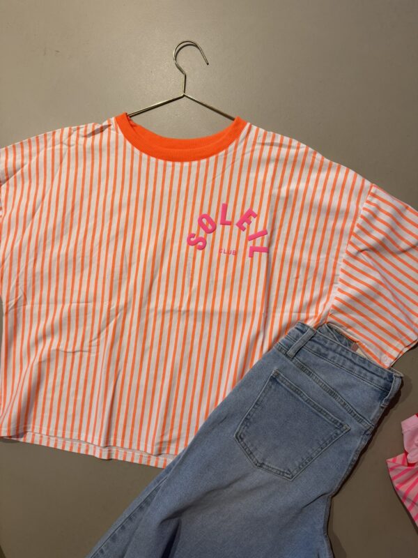 T-shirt streep 'Club Soleil' - Wit/Oranje verticaal