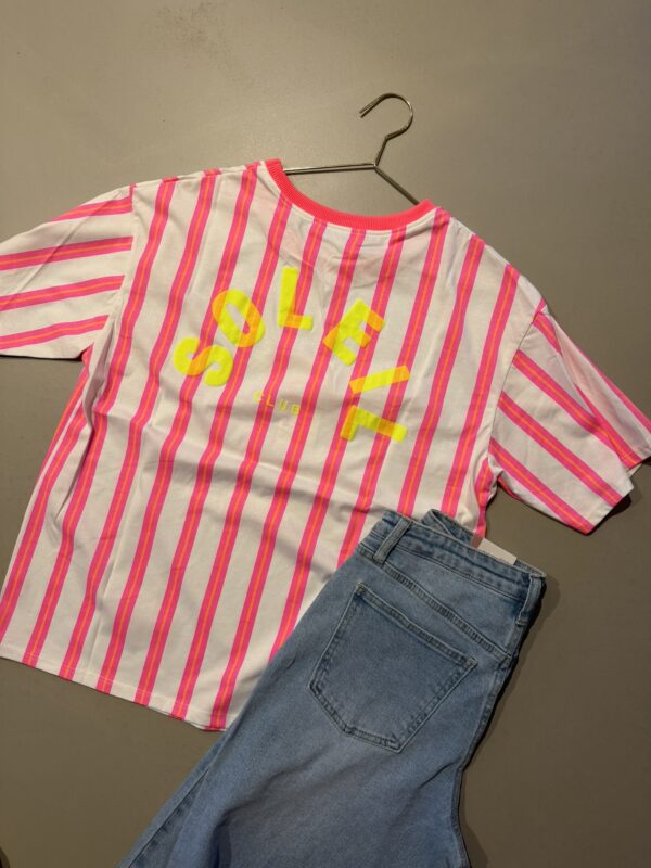 T-shirt streep 'Club Soleil' - Wit/Roze/Oranje verticaal