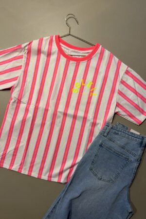 T-shirt streep 'Club Soleil' - Wit/Roze/Oranje verticaal