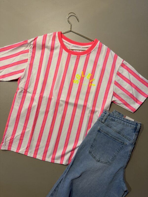 T-shirt streep 'Club Soleil' - Wit/Roze/Oranje verticaal