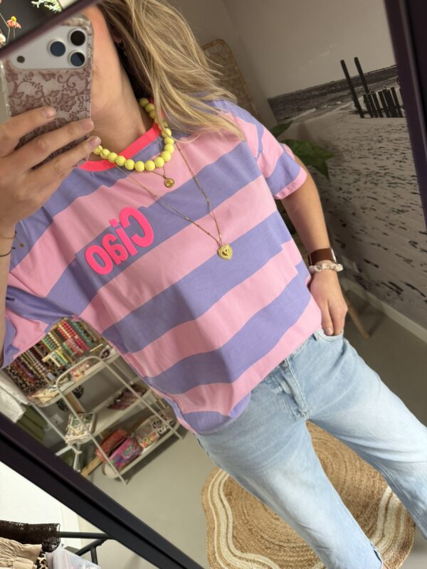 T-shirt streep 'Ciao' - Roze/Lichtroze