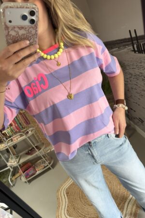 T-shirt streep 'Ciao' - Lila/Roze