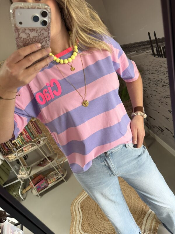 T-shirt streep 'Ciao' - Lila/Roze