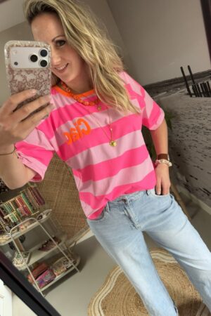 T-shirt streep 'Ciao' - Roze/Lichtroze
