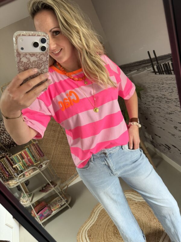 T-shirt streep 'Ciao' - Roze/Lichtroze