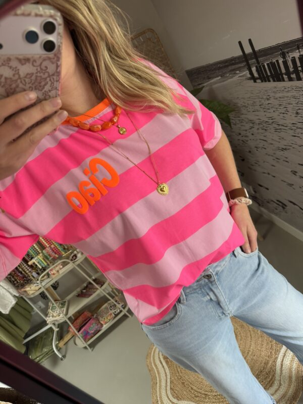 T-shirt streep 'Ciao' - Roze/Lichtroze